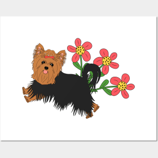 Happy Yorkshire Terrier and Flowers Posters and Art